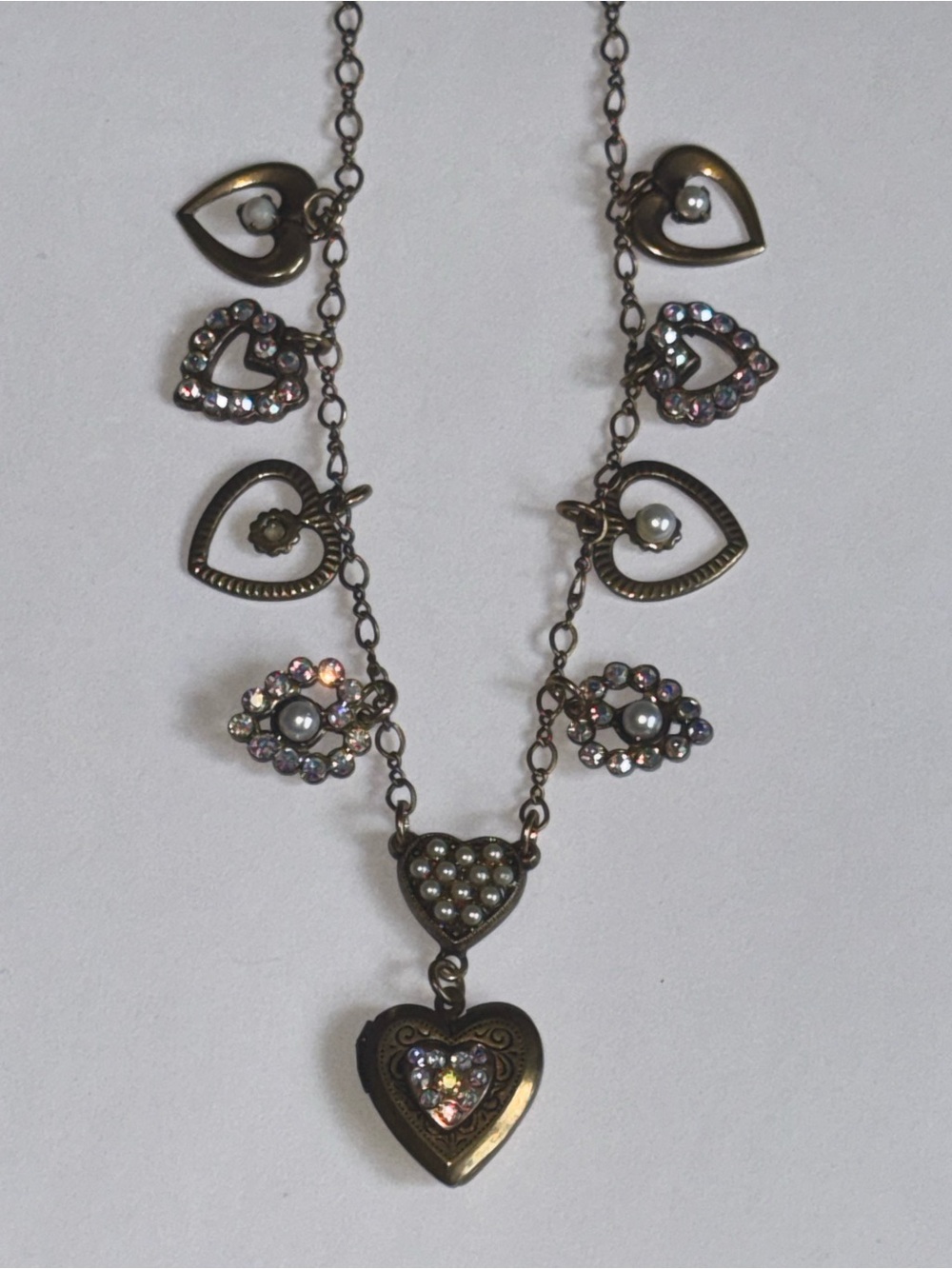 Y2KTop Shelf Jewelry Brass Charm Necklace Heart Locket AB Rhinestone Pearl AS IS